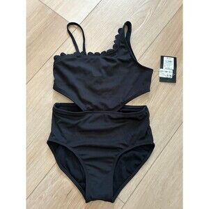 Art Class Girls Black Scalloped One Shoulder Ribbed Cut Out Swimsuit Size L (10/